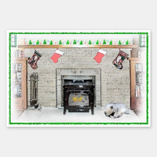 Keeshond Christmas Puppy Dog by Fireplace Painting Sticker