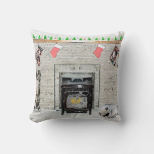 Keeshond Christmas Puppy Dog by Fireplace Painting Throw Pillow