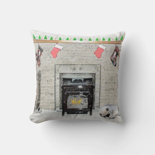 Keeshond Christmas Puppy Dog by Fireplace Painting Throw Pillow (Front)