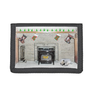 Keeshond Christmas Puppy Dog by Fireplace Painting Tri-fold Wallet