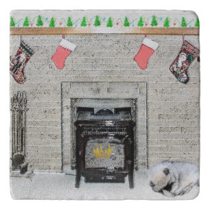 Keeshond Christmas Puppy Dog by Fireplace Painting Trivet