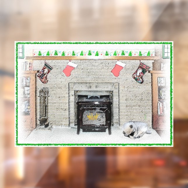 Keeshond Christmas Puppy Dog by Fireplace Painting Window Cling (Sheet 2)
