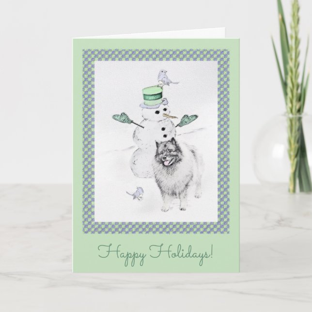 Keeshond Christmas Snowman Painting Dog Art Card (Front)