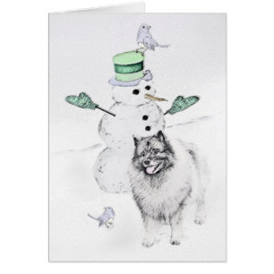 Keeshond Christmas Snowman Painting Dog Art Cards