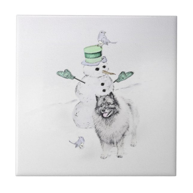 Keeshond Christmas Snowman Painting Dog Art Ceramic Tile (Front)
