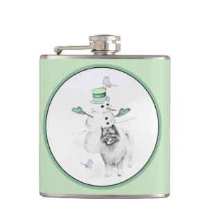 Keeshond Christmas Snowman Painting Dog Art Flask