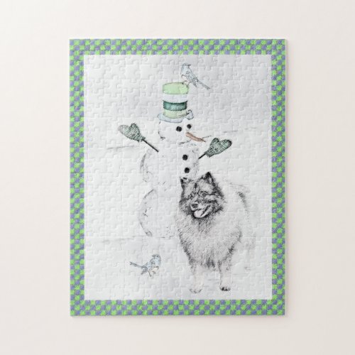 Keeshond Christmas Snowman Painting Dog Art Jigsaw Puzzle
