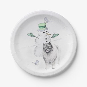 Keeshond Christmas Snowman Painting Dog Art Paper Plates