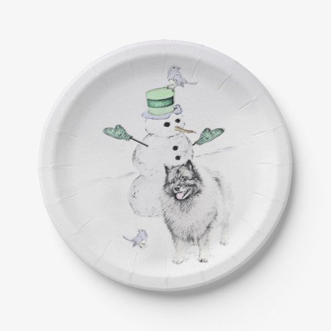 Keeshond Christmas Snowman Painting Dog Art Paper Plates (Front)