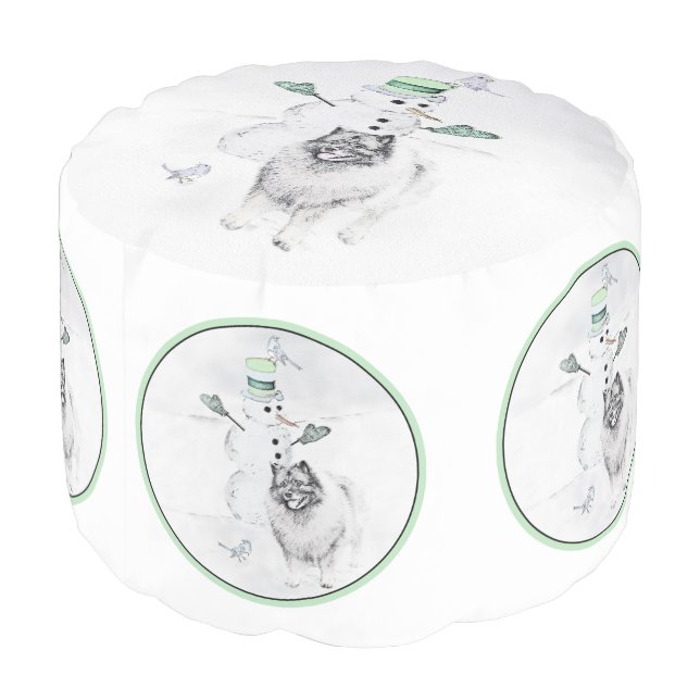 Keeshond Christmas Snowman Painting Dog Art Pouf (Angled Back)