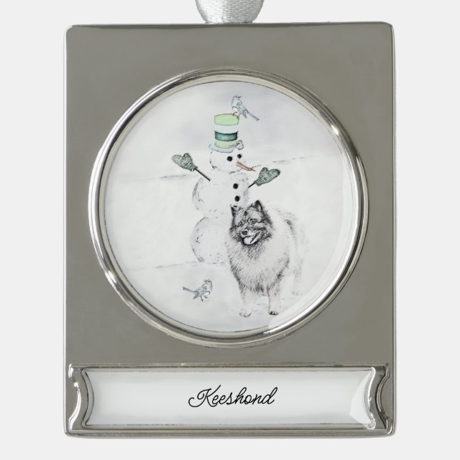 Keeshond Christmas Snowman Painting Dog Art Silver Plated Banner Ornament (Front)