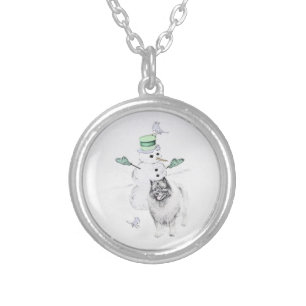 Keeshond Christmas Snowman Painting Dog Art Silver Plated Necklace