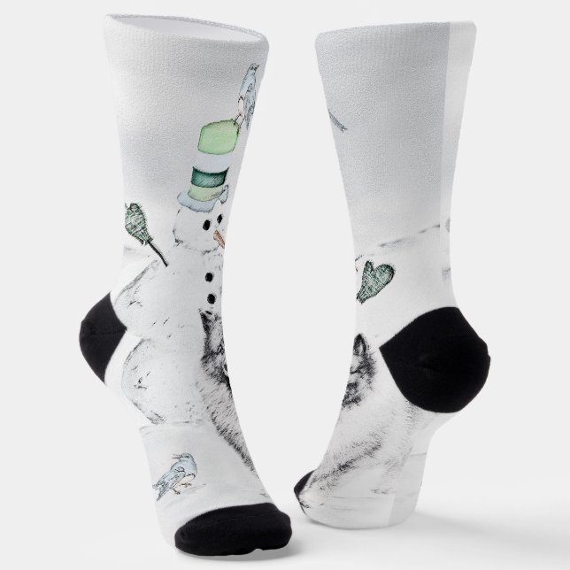 Keeshond Christmas Snowman Painting Dog Art Socks (Angled)