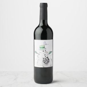 Keeshond Christmas Snowman Painting Dog Art Wine Label
