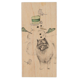 Keeshond Christmas Snowman Painting Dog Art Wood Flash Drive