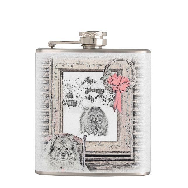 Keeshond Christmas Winter Window Painting Dog Art Flask (Front)