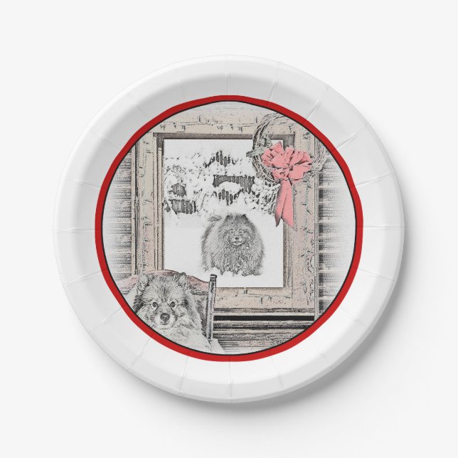 Keeshond Christmas Winter Window Painting Dog Art Paper Plates (Front)