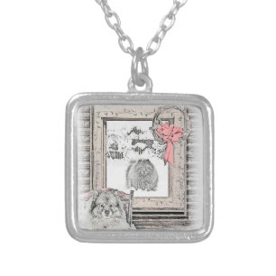 Keeshond Christmas Winter Window Painting Dog Art Silver Plated Necklace