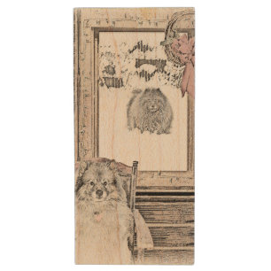 Keeshond Christmas Winter Window Painting Dog Art Wood Flash Drive