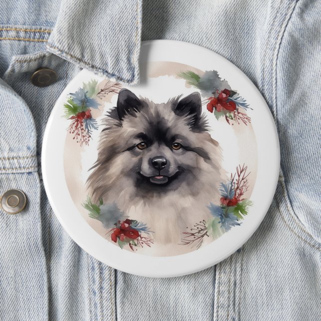 Keeshond Christmas Wreath Festive Pup Button (In Situ)