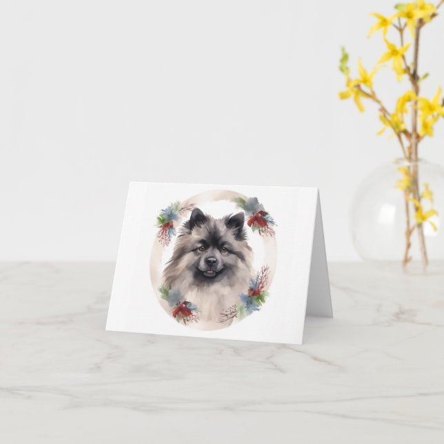 Keeshond Christmas Wreath Festive Pup Card (Yellow Flower)