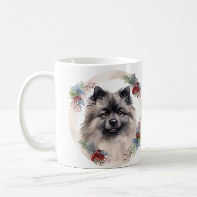 Keeshond Christmas Wreath Festive Pup Coffee Mug (Left)