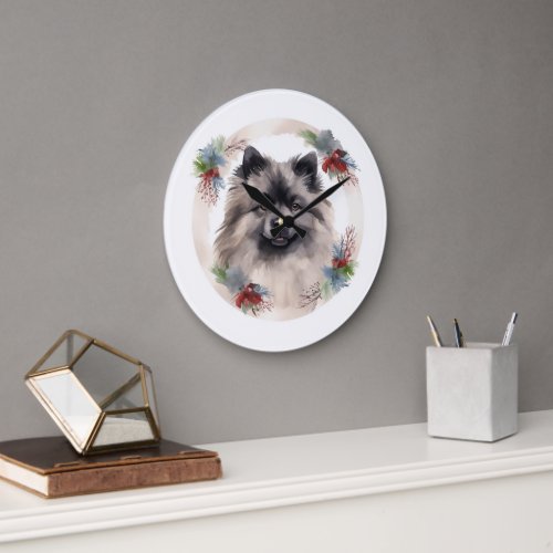 Keeshond Christmas Wreath Festive Pup Large Clock