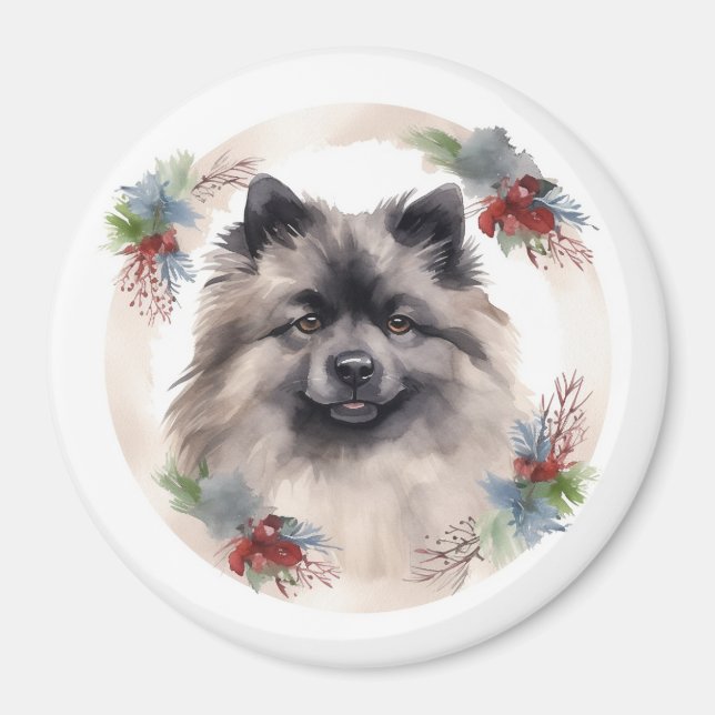 Keeshond Christmas Wreath Festive Pup Magnet (Front)