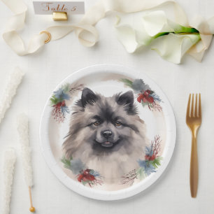 Keeshond Christmas Wreath Festive Pup Paper Plates