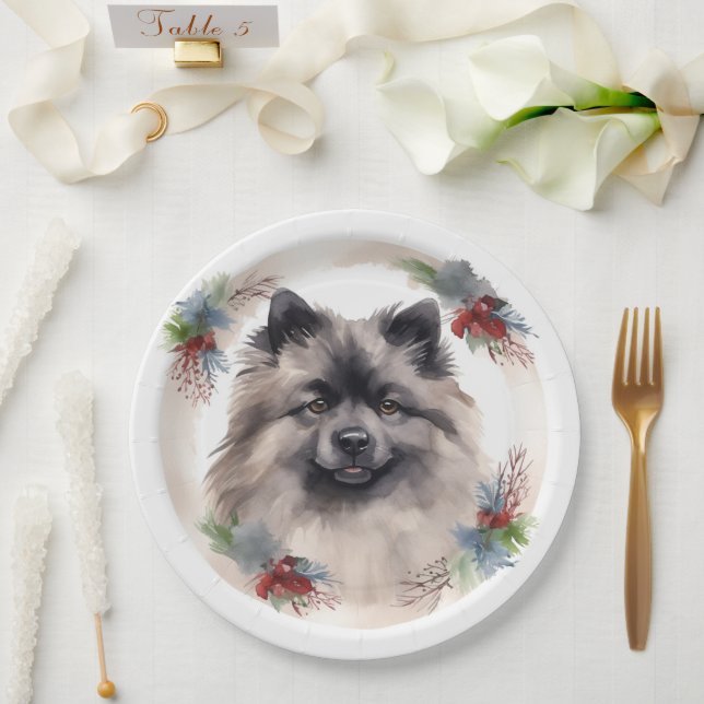 Keeshond Christmas Wreath Festive Pup Paper Plates (Wedding)