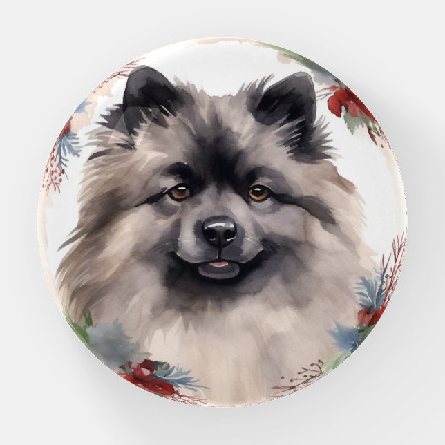 Keeshond Christmas Wreath Festive Pup Paperweight (Front)