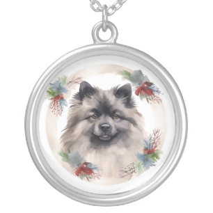 Keeshond Christmas Wreath Festive Pup Silver Plated Necklace