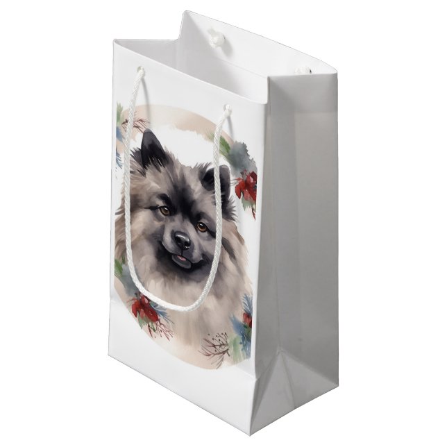 Keeshond Christmas Wreath Festive Pup Small Gift Bag (Front Angled)