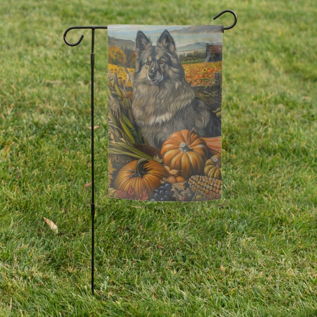 Keeshond Dog Autumn Harvest Thanksgiving Garden Flag (In SItu)