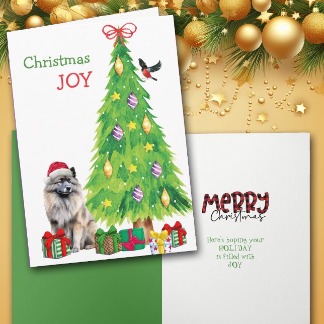 Keeshond Dog, Bird and Christmas Tree Holiday Card (Creator Uploaded)