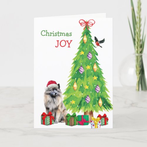 Keeshond Dog Bird and Christmas Tree Holiday Card