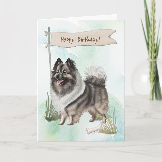 Keeshond Dog Breed Outdoors Under Birthday Sign Card (Front)