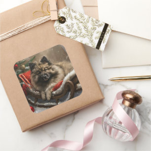 keeshond Dog Christmas Festive Square Sticker