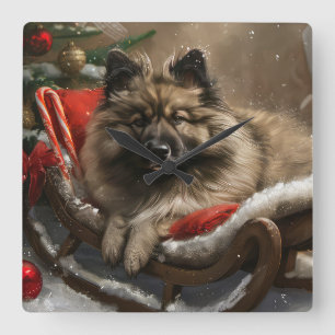 keeshond Dog Christmas Festive Square Wall Clock