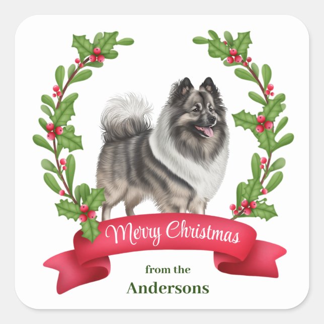Keeshond Dog Holly Banner Christmas Square Sticker (Front)