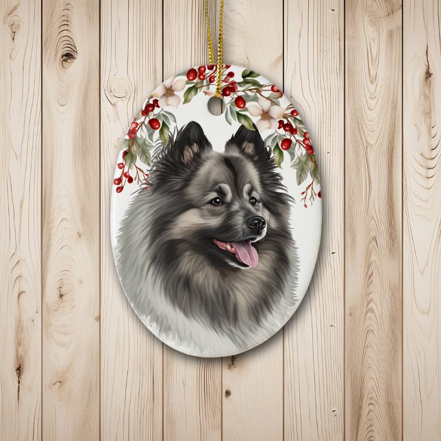 Keeshond Dog Holly Berry Christmas Ceramic Ornament (Creator Uploaded)