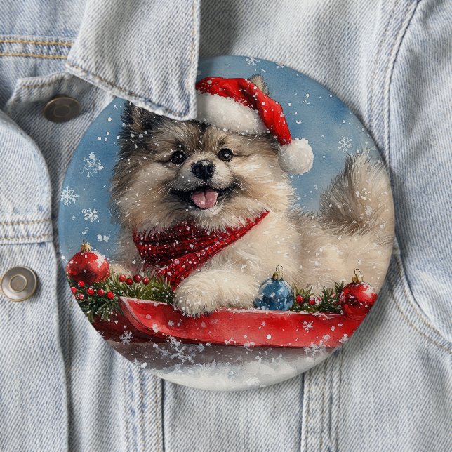 Keeshond Dog in Sledge Let it Snow Christmas Button (In Situ)