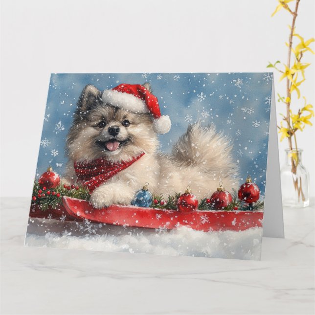 Keeshond Dog in Sledge Let it Snow Christmas Card (Yellow Flower)