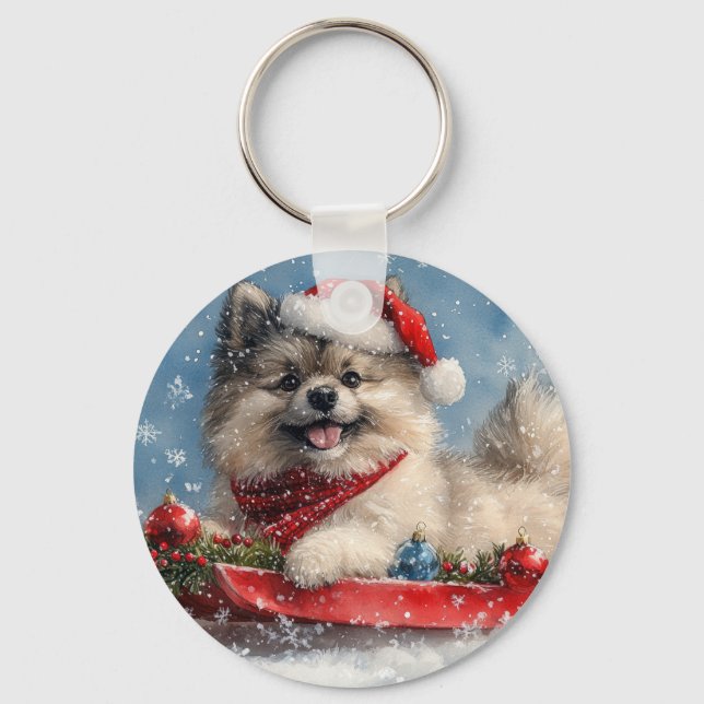 Keeshond Dog in Sledge Let it Snow Christmas Keychain (Front)