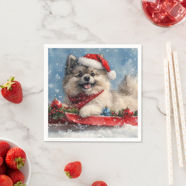 Keeshond Dog in Sledge Let it Snow Christmas Napkins (Insitu)