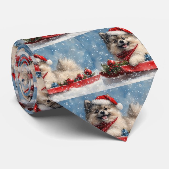 Keeshond Dog in Sledge Let it Snow Christmas Neck Tie (Rolled)