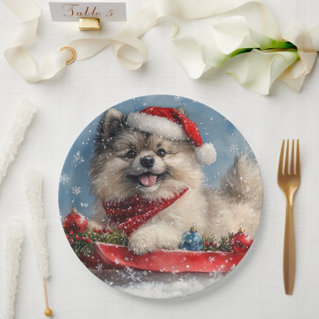 Keeshond Dog in Sledge Let it Snow Christmas Paper Plates (Wedding)