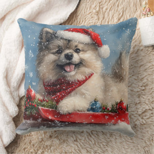 Keeshond Dog in Sledge Let it Snow Christmas Throw Pillow
