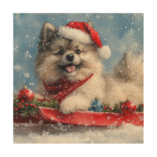 Keeshond Dog in Sledge Let it Snow Christmas Wood Wall Art