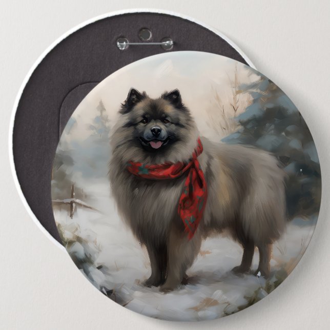Keeshond Dog in Snow Christmas Button (Front & Back)